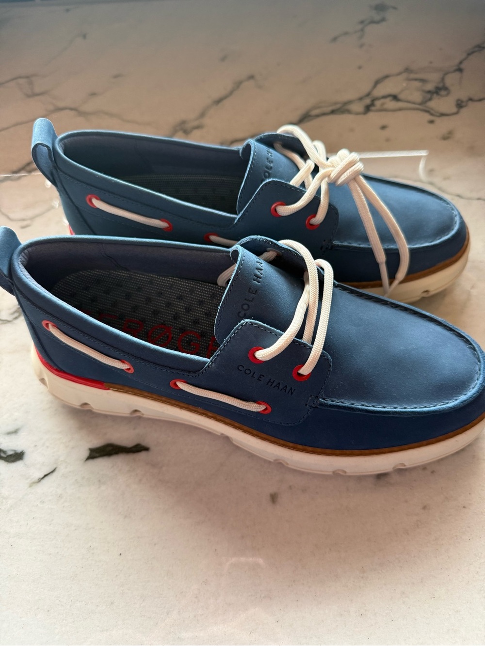 Cole Haan women’s Navy Blue Boat Shoes with Cream Laces - Picture 2 of 4
